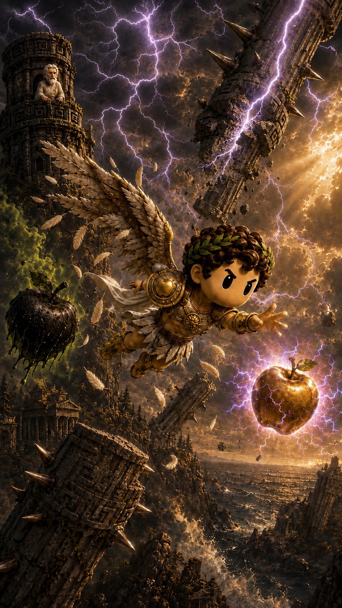 Icarus flies toward a golden apple through storm clouds and purple lightning.